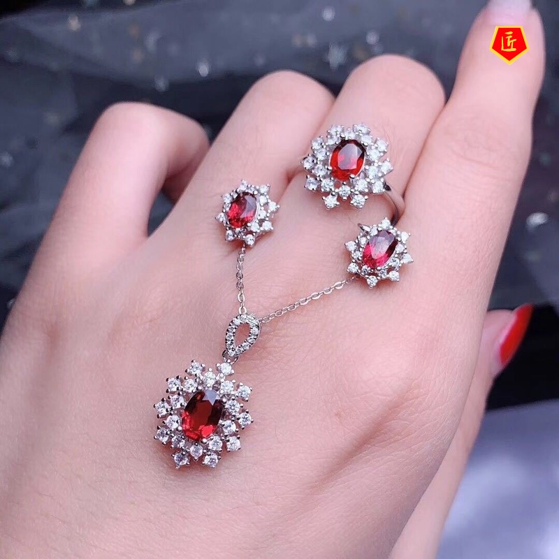 [Ready Stock]Moissanite Garnet Necklace Open Rings Ear Studs Suit