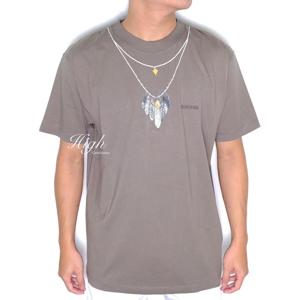 Mrcelo Burlon FW21 Feathers Necklace Tee Army/Grey 100% Authentic