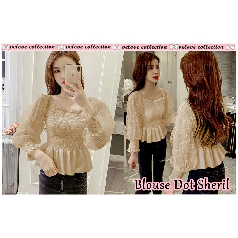 BLOUSE SHERILLA SQUARE NECK TOP GAYA KOREA BLOUSE DOT SHERIL TILE