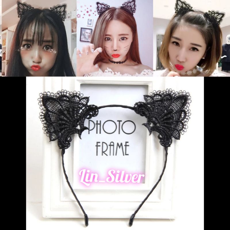 Bando Kucing Wanita / Bando Kuping Telinga Kucing Renda Brookat Hitam Cewek