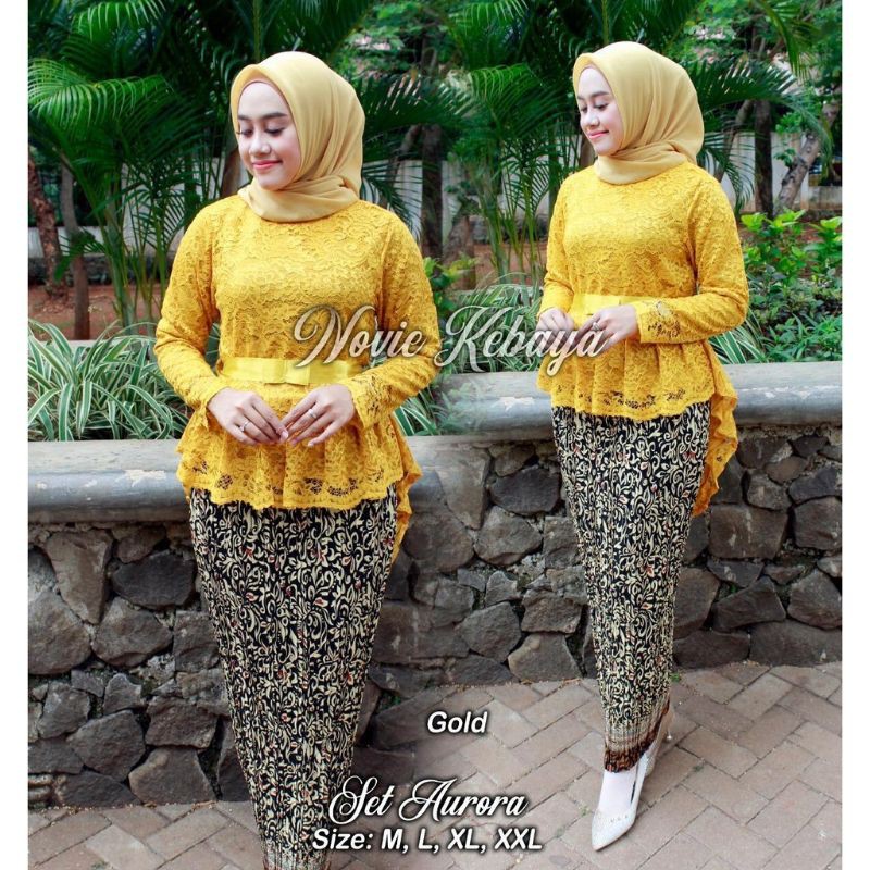 IndahKebaya | SETELAN KEBAYA AURORA BROKAT MIX ROK PLISKET TERLARIS / HIJAU / MOCCA COKSU / NAVY