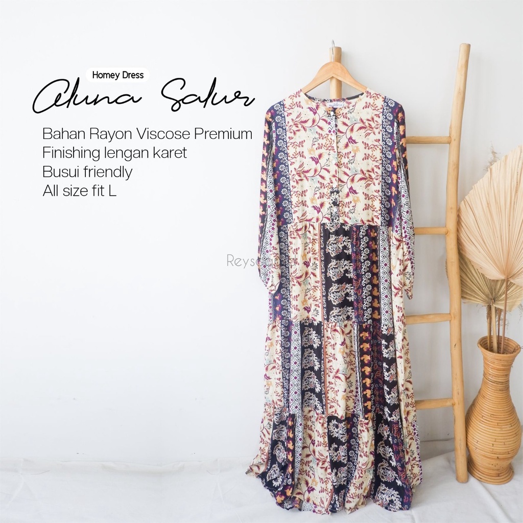 Homey Dress Aluna Salur By Reyscarf.id - Gamis Dewasa Bahan Rayon Viscose Premium Adem Nyaman Dipakai - Bisa COD