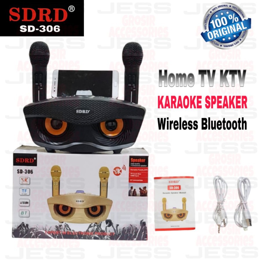 Speaker SDRD 306 Bluetooth Wireless Speaker Karaoke Merek SDRD 306 ORI 100%  Dual Microphone Wireless SDRD SD306 Mata Elang Motif OWL dapat 2 microphone duet karaoke