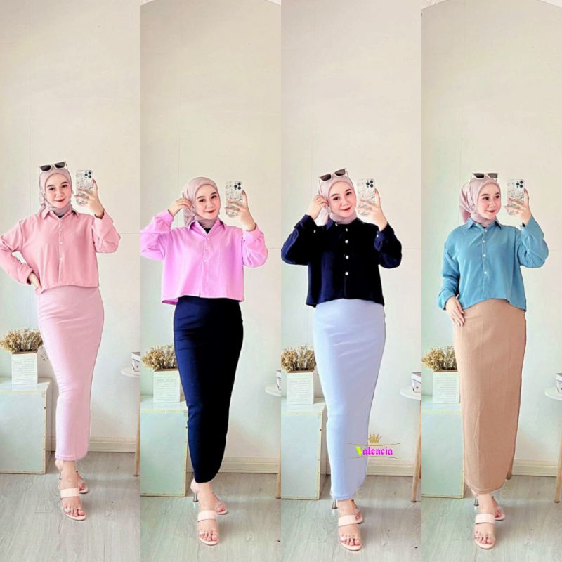One Set Wanita Kemeja Crop Rok Span Crinkle Airflow Setelan Wanita Lengan Panjang Set Kemeja rok Kekinian LD 110cm