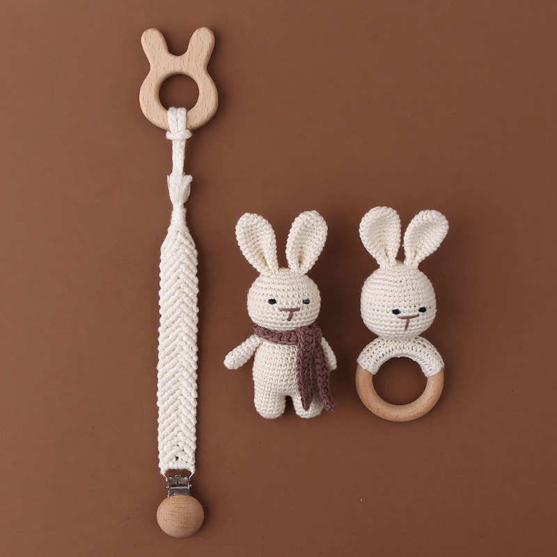 Mary Set Mainan Rattle + Klip Holder Dot Bayi Bentuk Kelinci Bahan Kayu