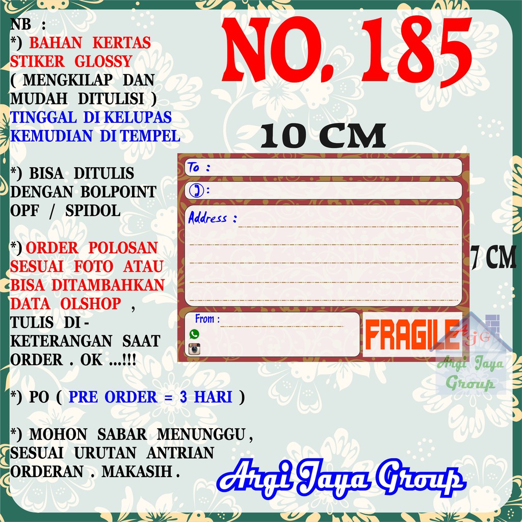 

Stiker Pengiriman - Sticker Alamat Olshop Murah Nomer 185 - 10x7 cm - Glossy