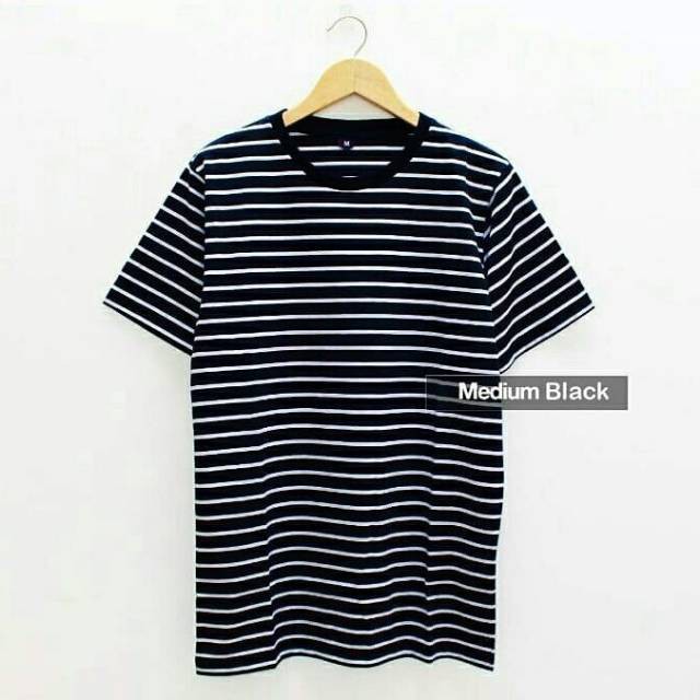 KAOS MEDIUM HITAM LIST PUTIH KAOS SALUR GARIS GARIS PRIA WANITA| CVC PREMIUM