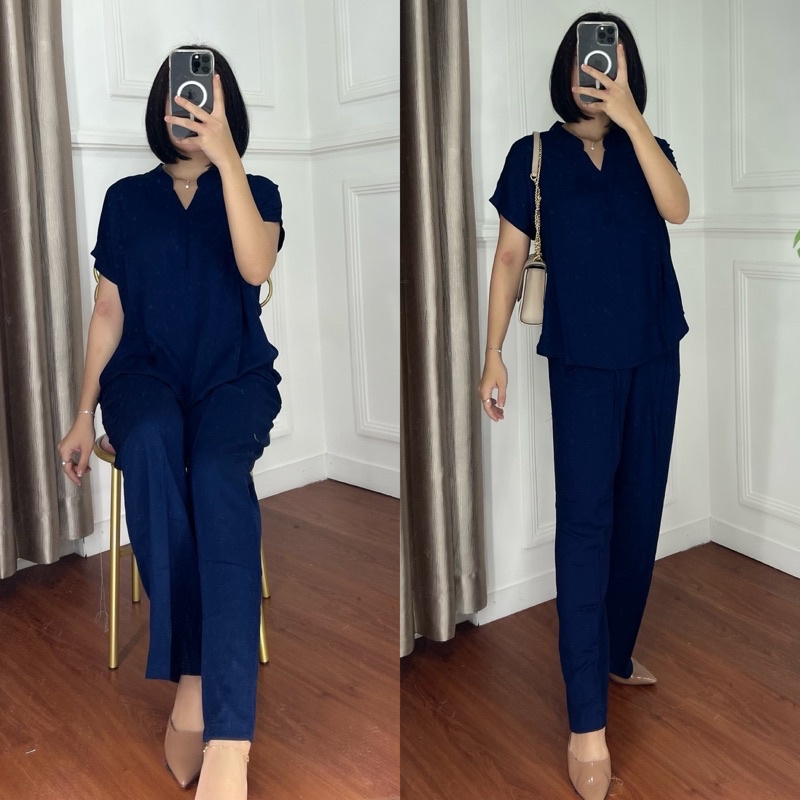 ONE SET TWILL PIYAMA SET TWILL/PAJAMAS/DAILY ONE SET/SETELAN / SETCEL / KEMEJA RAYON / RAYON TWILL-navy (RAYON TWILL )