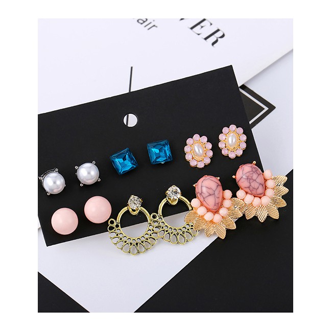 LRC Anting Set Fashion Color 6 Pairs Of Fan-shaped Alloy Stud Earrings F37651