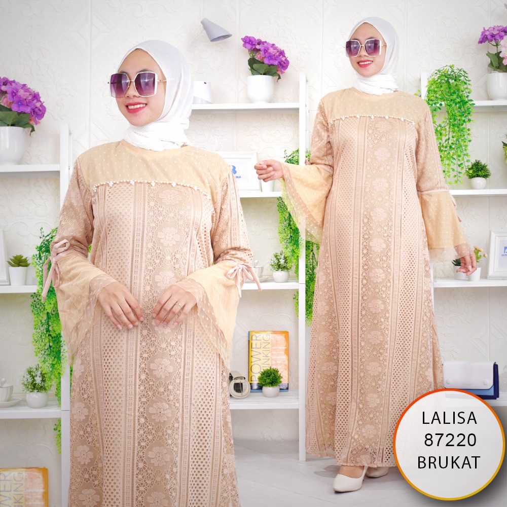 Ozias - Gamis Pesta Tangan Terompet Brukat Tile Dot Mutiara Dada Mewah Lalisa