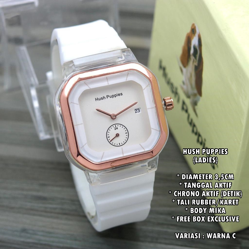 (BISA COD) JAM TANGAN WANITA HUSH PUPPIES TALI RUBBER BODY SEGI TANGGAL &amp; CHRONO ON