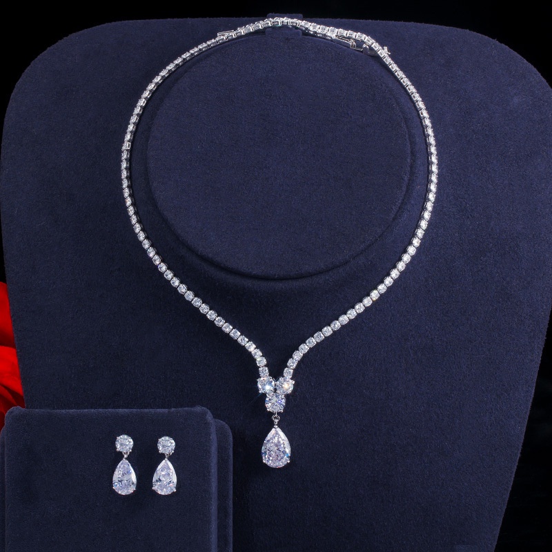 Luxury Zircon Waterdrop Pendant Neckalce Earrings Set Wedding Jewelry