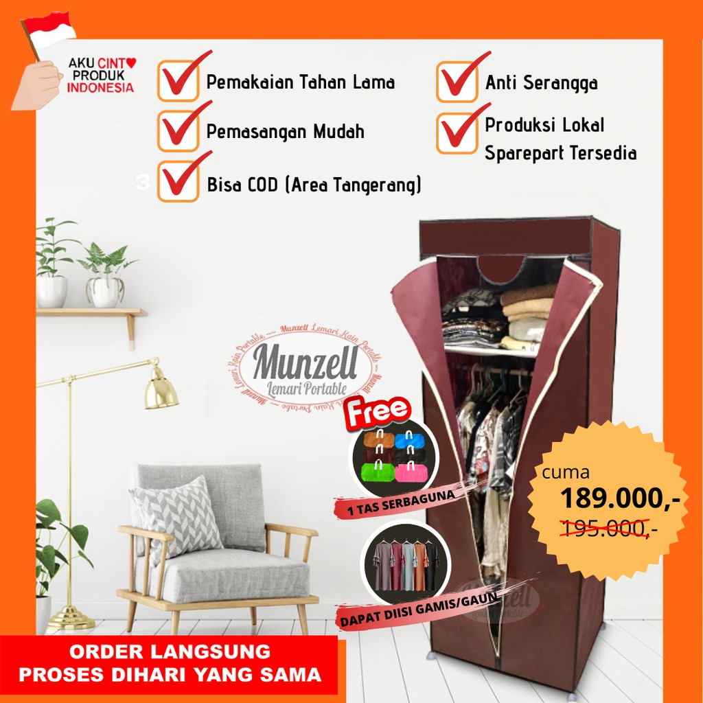 Lemari Plastik MUNZELL Type LPF 02 Lemari Pakaian Baju Gantung + 2 Sekat Portable