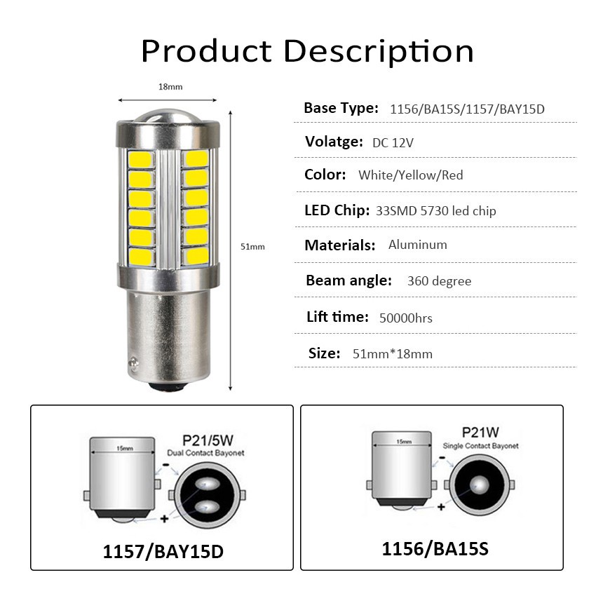 2pcs Lampu LED 1156 1157 33smd 5630 5730 12V Untuk DRL / Sein / Rem Mobil