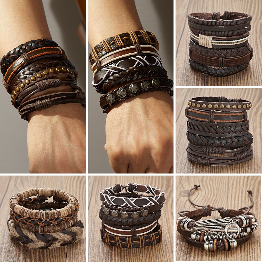 Men's Multilayer Braided Bracelet Feather Dot Cross Wrap Bracelet Leather Combination Bracelet Set