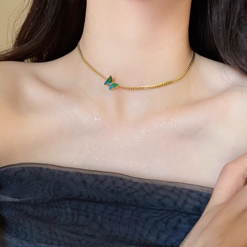 Kalung Titanium Choker Kupu Kupu Hijau Premium Trending Korea Fashion Style