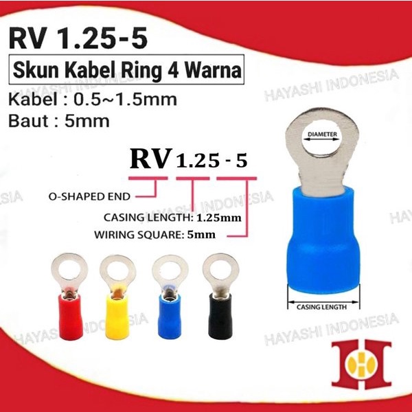 Terminal Kabel Sekun Skun Ring O Bulat Cable Lug Isolasi RV 1.25-5 (100pc)