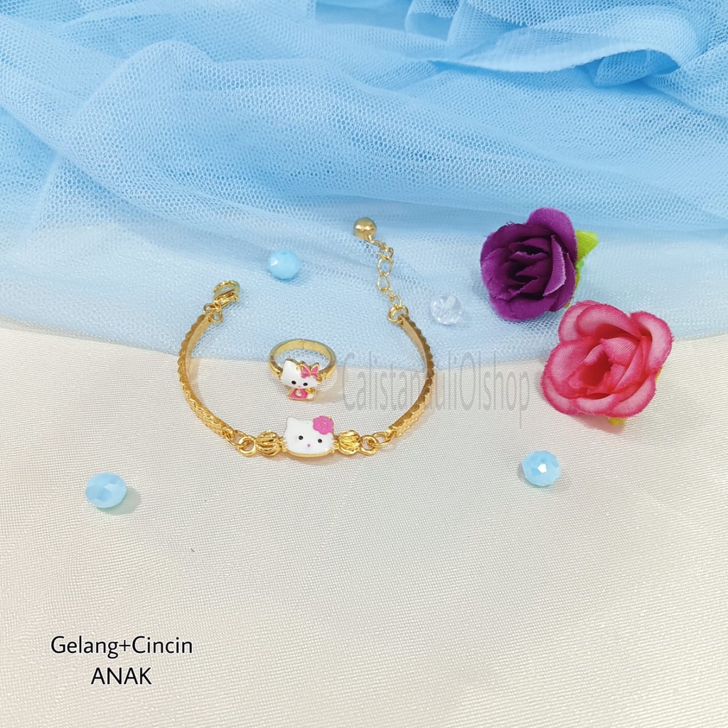 GELANG+CINCIN ANAK KITTY GOLD PERHIASAN EMAS KOREA ANTI KARAT DAN ANTI LUNTUR