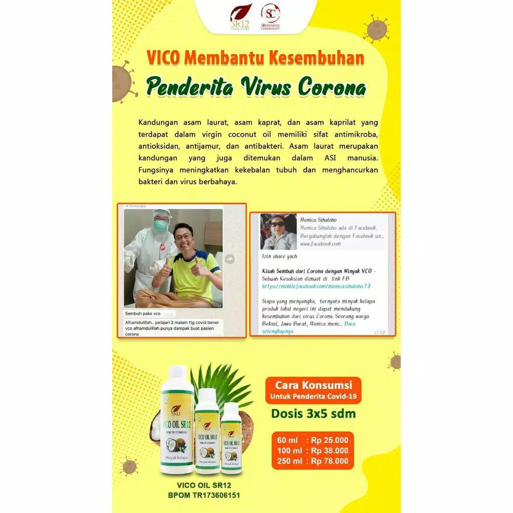 IMUN BOOSTER !! VCO MINYAK KELAPA MURNI SR12 BPOM / CEGAH VIRUS CORONA / MENEKAN PERTUMBUHAN BAKTERI