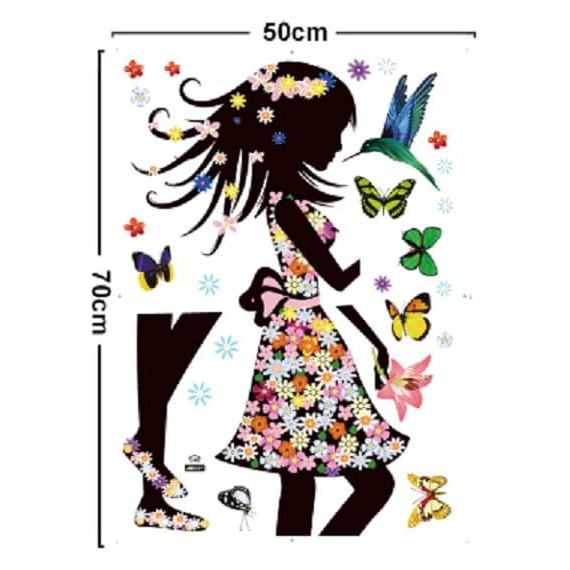 Wall Sticker / Stiker Dinding / Kaca Motif Gadis Bunga, Burung, KupuKupu