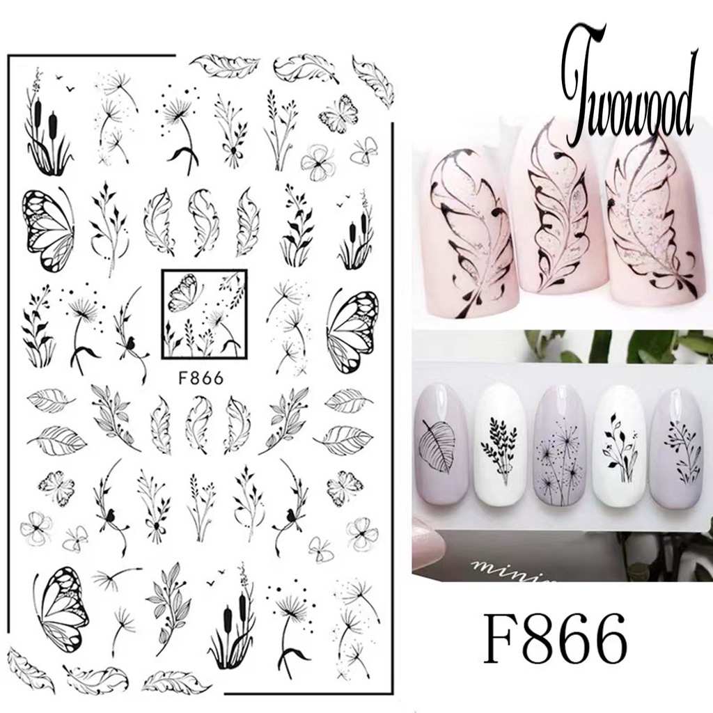 Twowood Stiker Kuku Motif Bunga / Kupu-Kupu Hitam Putih Untuk Nail Art / Manicure DIY Butterfly