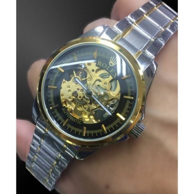 Jam Tangan Pria Otomatis Skeleton Rolex Big Chain Rantai Kombinasi Hitam