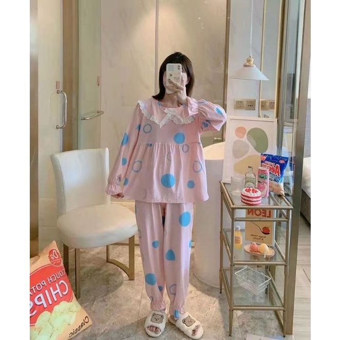 BAJU TIDUR WANITA DEWASA/PIYAMA RENDA PP/BAJU TIDUR IMPORT MURAH-Pp renda polka pink
