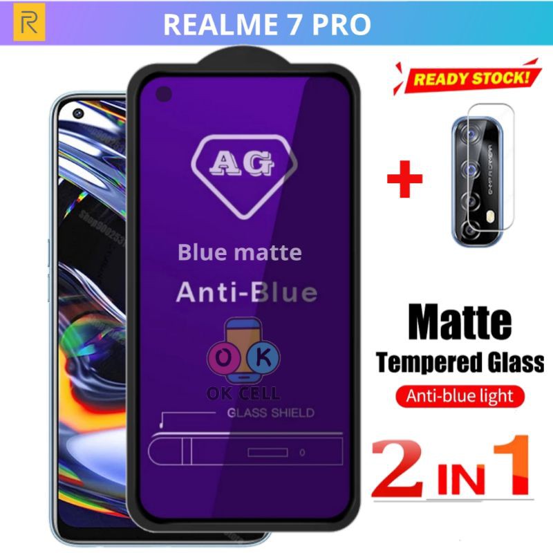 2IN1- Tempered Glass Blue Matte Light Realme 7 Pro TG Anti Gores Radiasi Full Layar Kamera Belakang