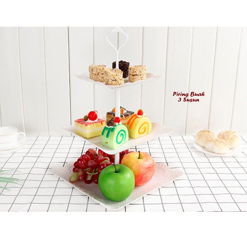 Laris PERSEGI & BULAT, Piring Buah 3 Susun (Tempat buah, kue, permen) 66S