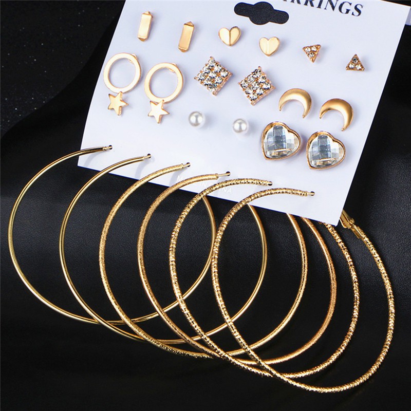 Set Anting Hoop 12 Pasang / Set Anting Tusuk Korea Hoops Berlian Bintang Bulan Hati Gaya Dalika