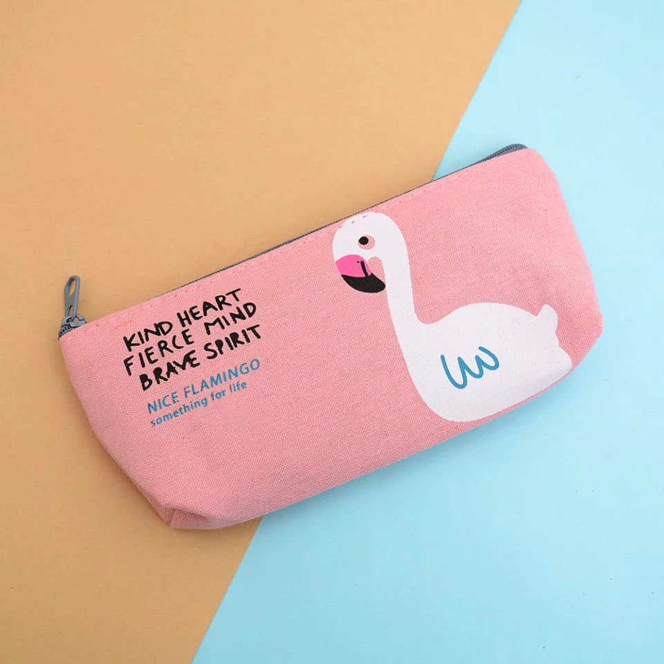 Tempat Pensil Sekolah Kanvas Stylish Simple Import Kotak Pensil Motif Aesthetic Resleting Bisa Untuk Alat Tulis Makeup-Pink Flamingo