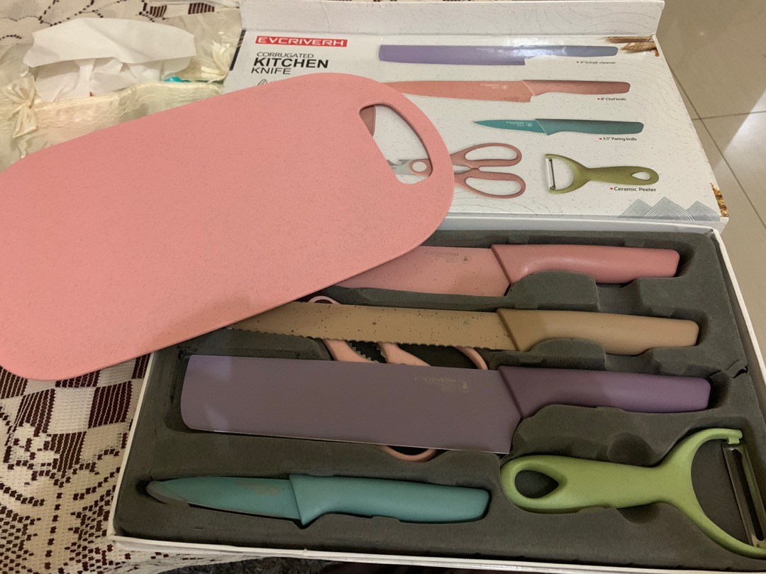 (bow) Pisau Set 6in1 Peralatan Dapur Set Talenan Pisau Keramik Warna Warni 24d54