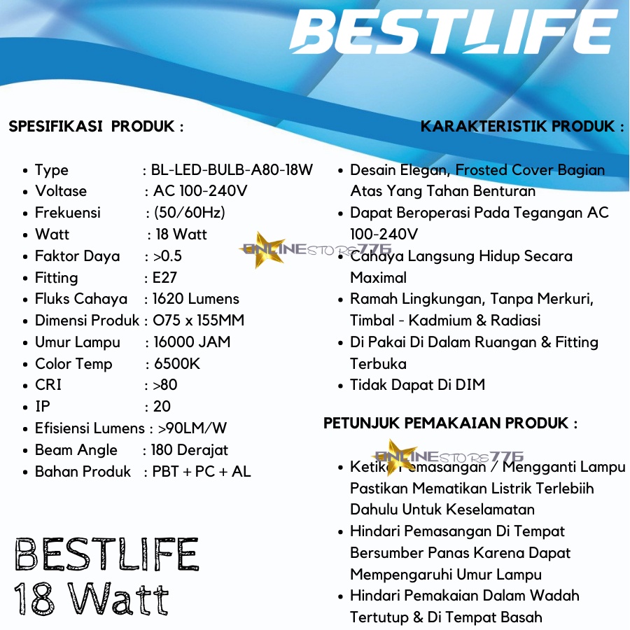 LAMPU BOHLAM LED BESTLIFE 18W / LAMPU LED BESTLIFE 18 WATT / BOHLAM GARANSI 1 TAHUN / CAHAYA PUTIH