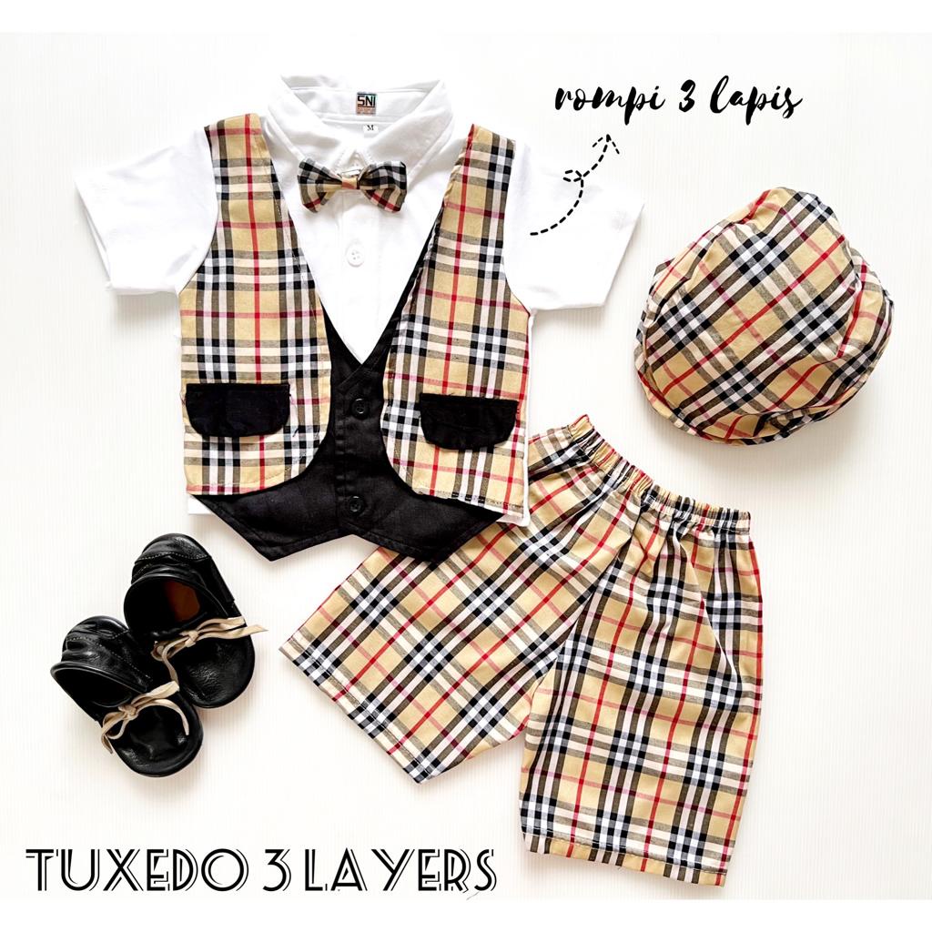 JACKSON / MEWAH 3 LAYERS JAS Tuxedo SET Baju Kemeja topi jumper celana setelan pergi jalan lucu fashion anak bayi cowok laki murah Terlaris