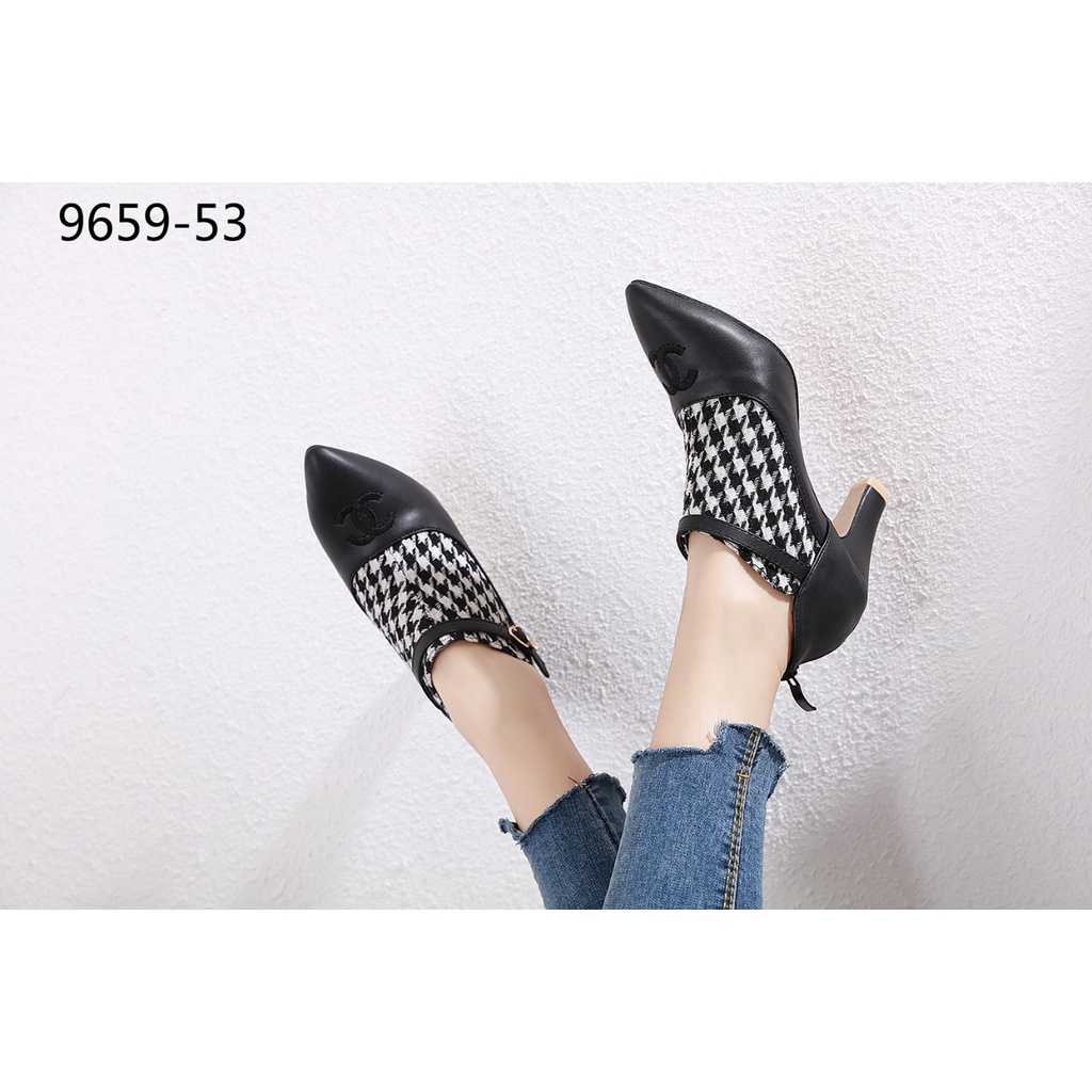 Ch Shoes Canvas-Leather High Heels #9659-53