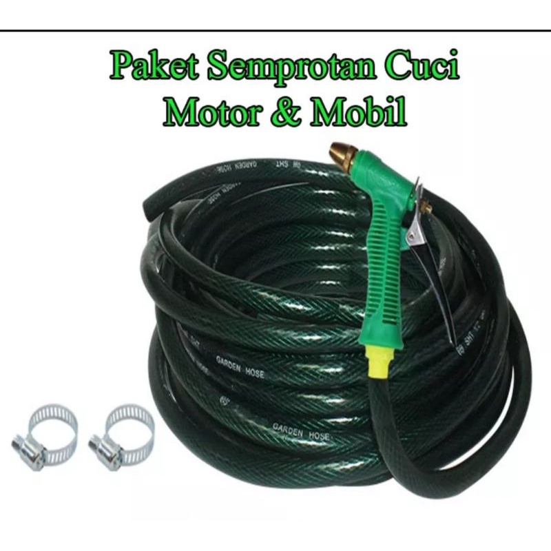 Paket Selang 1/2 Set Alat Cuci Motor Selang Air Serat Benang Hijau Semprotan Air Hose Nozzle - Selang Semprotan Air Cuci Motor