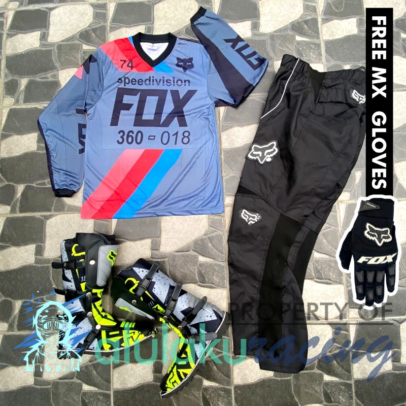 Jersey, Celana, Sarung Tangan &amp; Sepatu Fullprint with Protectors Fullset MX Trail Motocross - Paket Bundling FOCTFF110101-F41