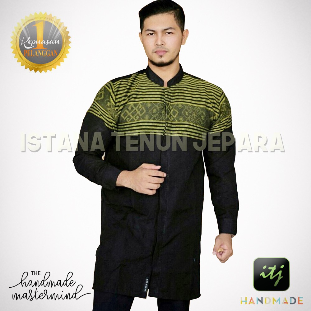 Atasan Muslim Pria / Baju Koko Lengan Panjang Hitam / Kemeja Koko Tenun Baron