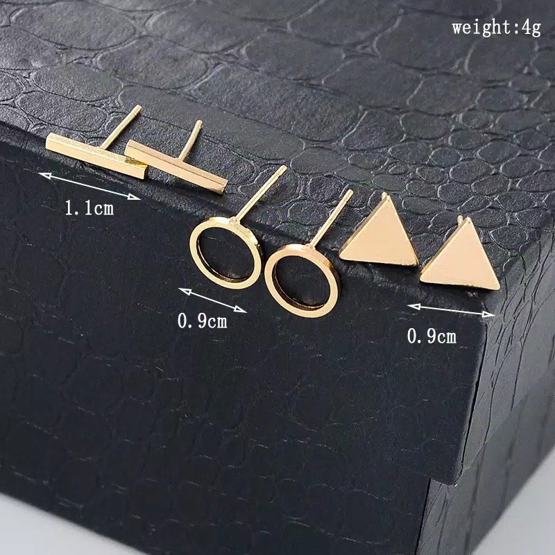 3 Pasang Anting Tusuk Wanita Cubic Triangle Geometric Shaped Stud Earrings