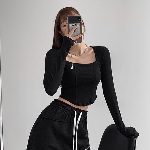 【MISSHONEY】Korean Long Sleeve Square Neck Crop Corset Tee 7307