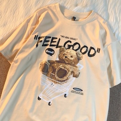 [littlecrab] Kaos Oversize Teddy Bear Trolley Kaos Couple T-Shirt Hitam Cream Kaos Feel Good Korean Style