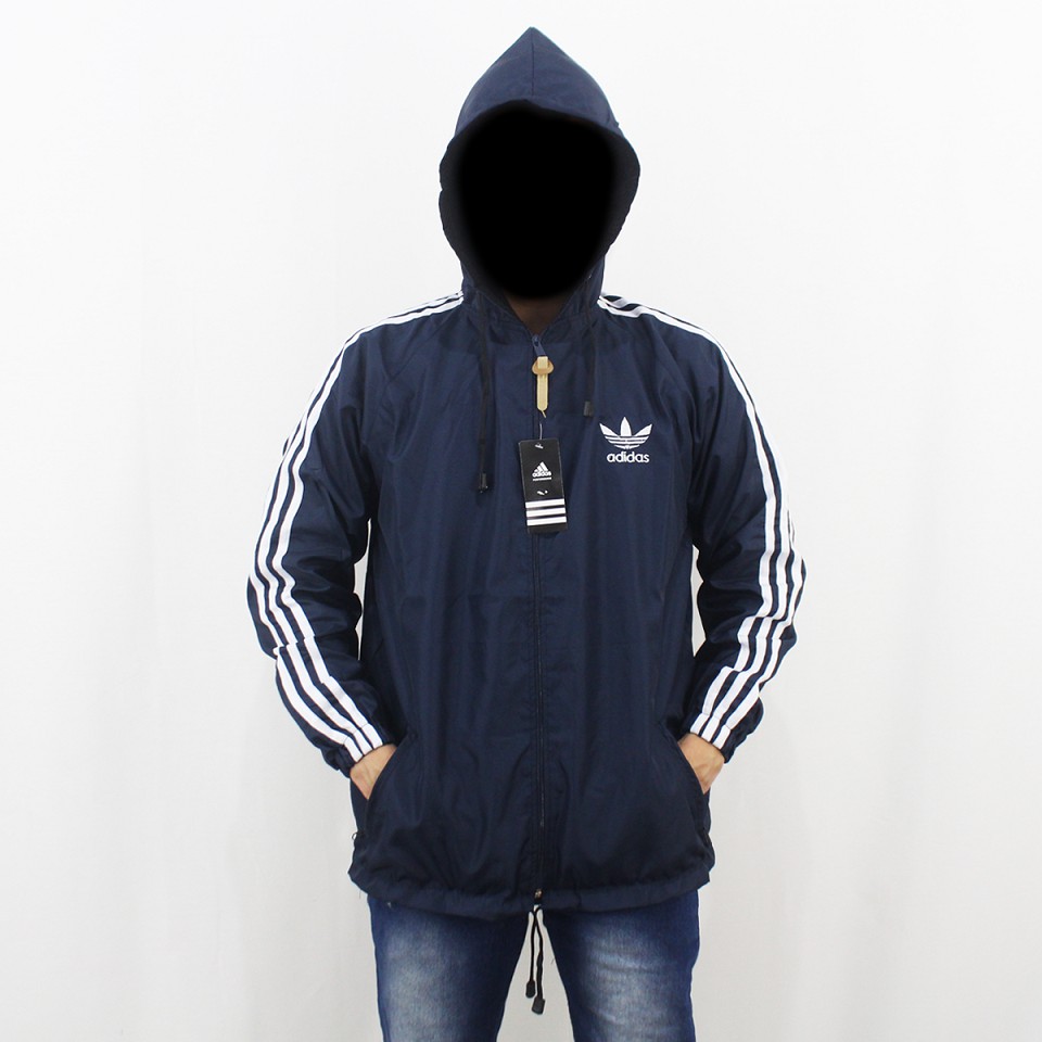 JAKET PARASUT ADIDAS WINDBREAKER NAVY LIST PUTIH - JAKET OLAH RAGA JUMBO XL XXL -  HOODIE PRIA