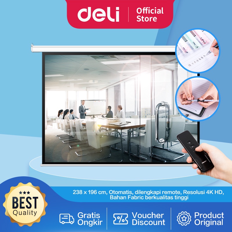 Deli Automatic Screen Proyektor/Layar Proyektor Otomatis 120 inch Dengan Remote Bisa Digantung 50441