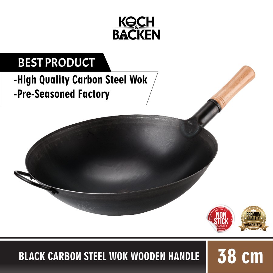 Jual KOCH&BACKEN Black Carbon Steel Wok 38cm Wajan Gagang Kayu Preseasoned
