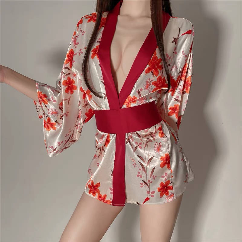 Sexy Lingerie Satin kimono Bunga-bunga Seksi V-Neck Baju tidur A562