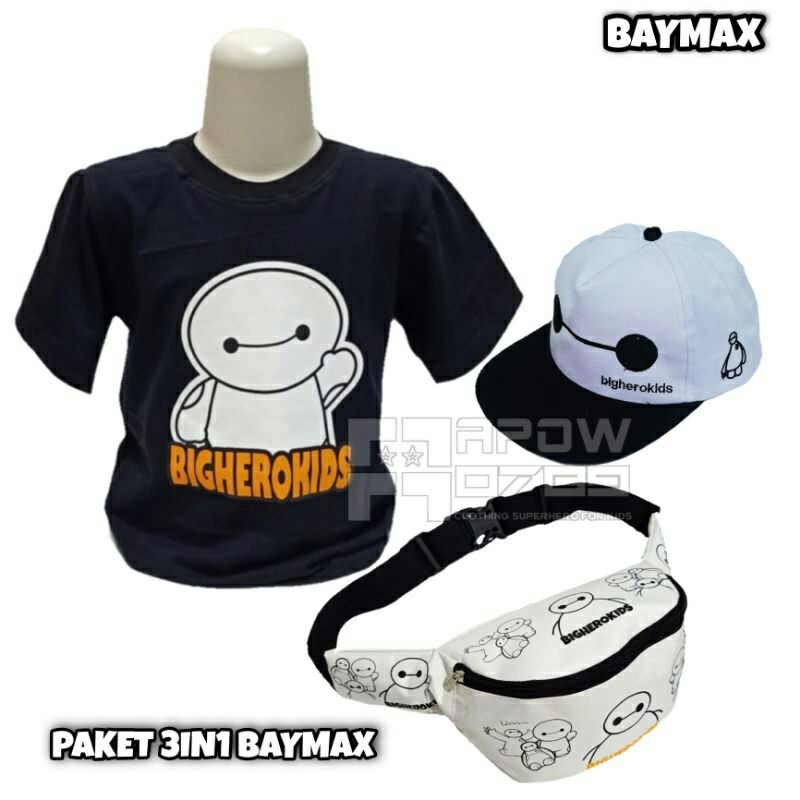 paket 3IN1 baju kaos anak topi anak  tas selempang anak baymax baju kaos anak laki laki waist bag anak