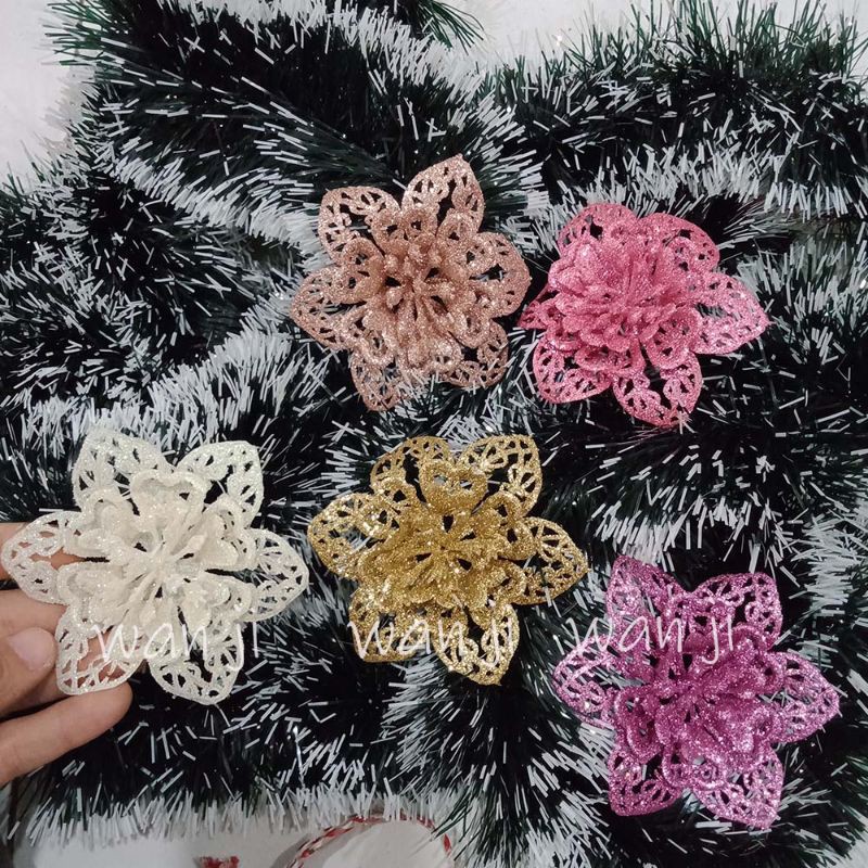 BUNGA GLITTER MOTIF artificial 10 CM hiasan pohon natal dekorasi ornamen christmas buket