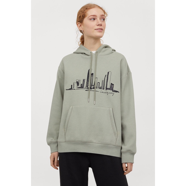 Hoodie HM Lovely City Green Army Hoodie hnm wanita pria