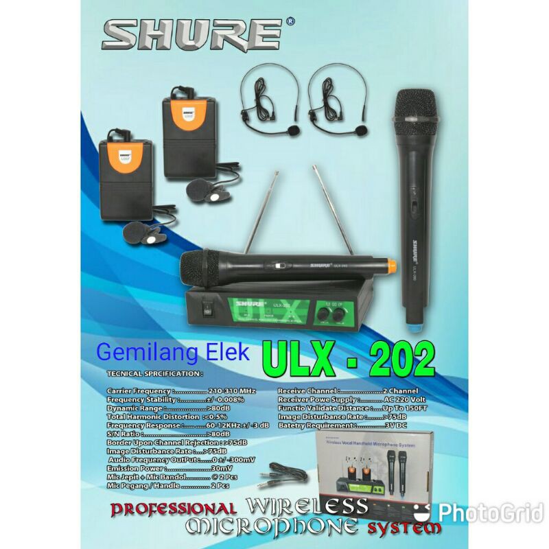 Mic Wireless SHURE ULX 202 ( 2 Headset 2 Jepit 2 pegang)