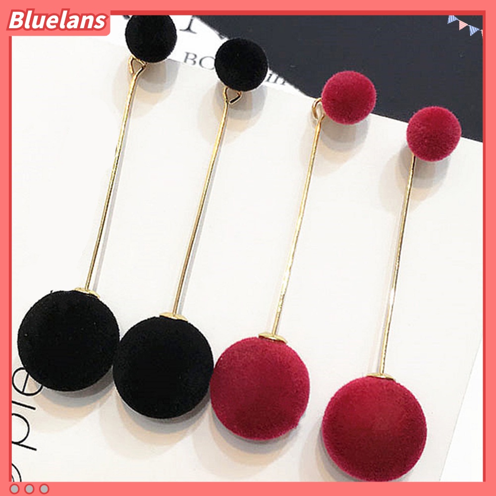 Bluelans Anting Gantung Panjang Model Bola Bulu Imitasi Untuk Wanita